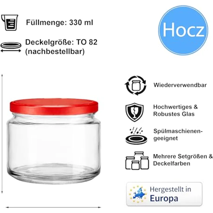 hocz 25x Marmeladengläser 330 ml | mit Deckel Rot TO 82 | Einmachgläser mit Schraubdeckel zum befüllen | Sturzgläser für Marmelade Schraubgläser | leere Gläser Set | 25 Stück – Bild 2