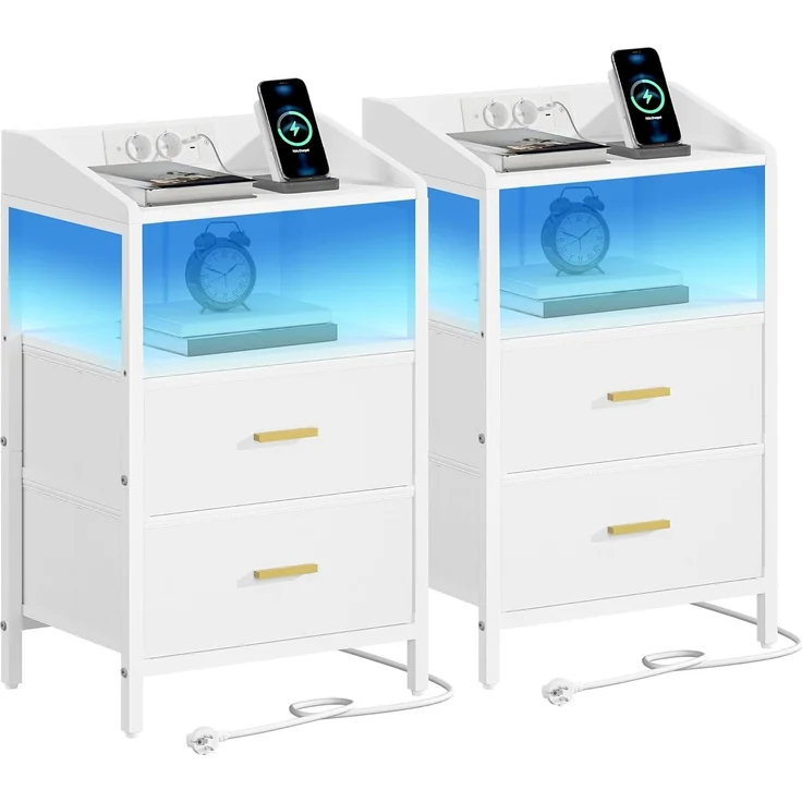Nachttisch 2er Set, mit LED-Leuchten und Ladestation, Beistelltisch mit 2 Stoff-Schubladen und Regalen, mit USB-Anschlüssen & Steckdosen, für Schlafzimmer, Wohnzimmer, Weiß – Bild 2