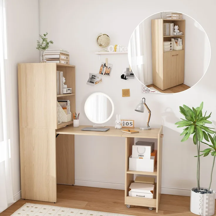 Ausziehbarer Schreibtisch mit Stauraumschrank & Kippsicherung, platzsparender Klappschreibtisch mit verstellbaren Ablagen & ausziehbarer Tischplatte für Schlafzimmer & Arbeitszimmer, Helle Eiche natur--Naturholz--76x55x136cm--YOUDENOVA