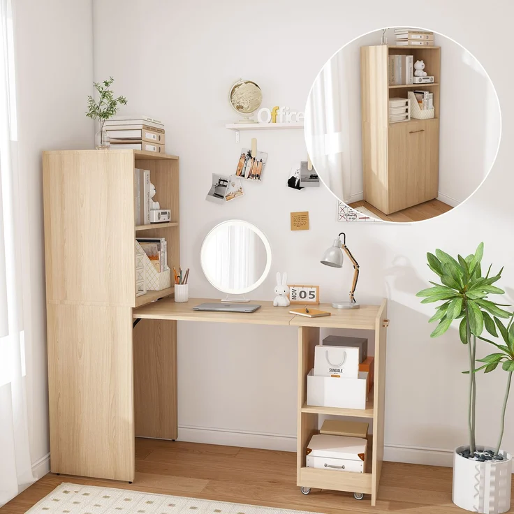 Ausziehbarer Schreibtisch mit Stauraumschrank & Kippsicherung, platzsparender Klappschreibtisch mit verstellbaren Ablagen & ausziehbarer Tischplatte für Schlafzimmer & Arbeitszimmer, Helle Eiche natur--Naturholz--76x55x136cm--YOUDENOVA – Bild 1