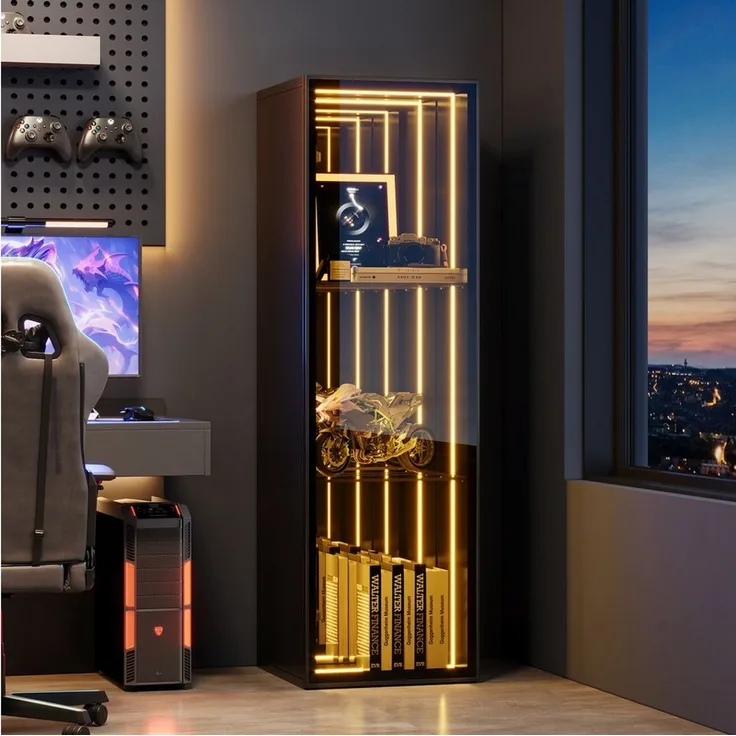 Merax Glasvitrine mit LED Beleuchtung, Aufbewahrungsschrank (1-St, mit Aluminiumrahmen und 5 Ebenen) Hochschrank Vitrinen, H 160 cm