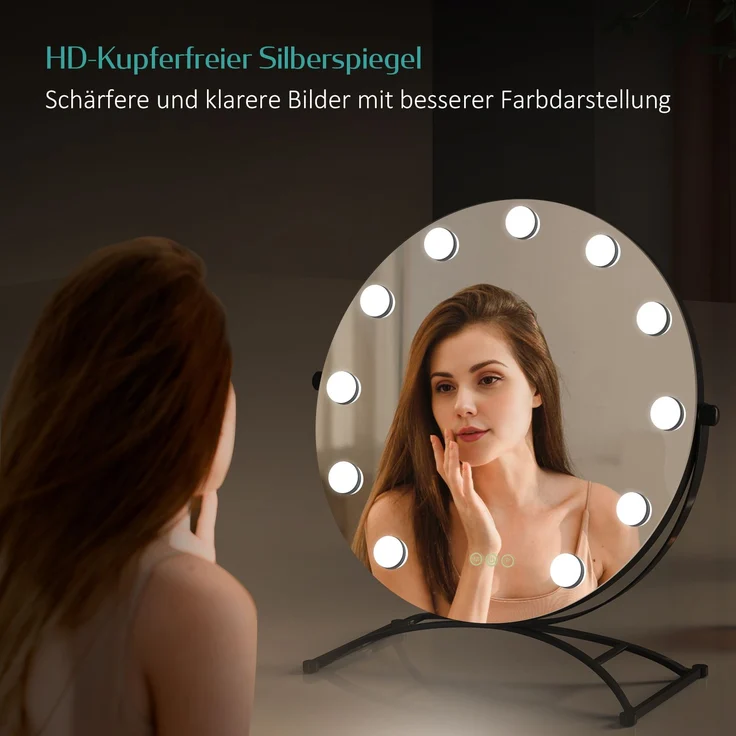 EMKE Runder Schminkspiegel Hollywood Spiegel mit Beleuchtung LED Tischspiegel, mit Touch, 3 Lichtfarben,9 Dimmbaren LED-Leuchtmitteln,7 x Vergrößerungsspiegel,Memory-Funktion, 360° Drehbar,Schwarz,40 cm – Bild 4