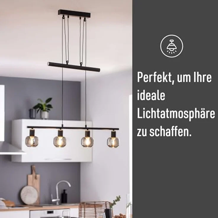 Näve Pendelbalkenleuchte Fumoso 4-flammig, Schwarz/Natur mit E14 Fassungen und höhenverstellbar von 100 cm bis 160 cm – Bild 3