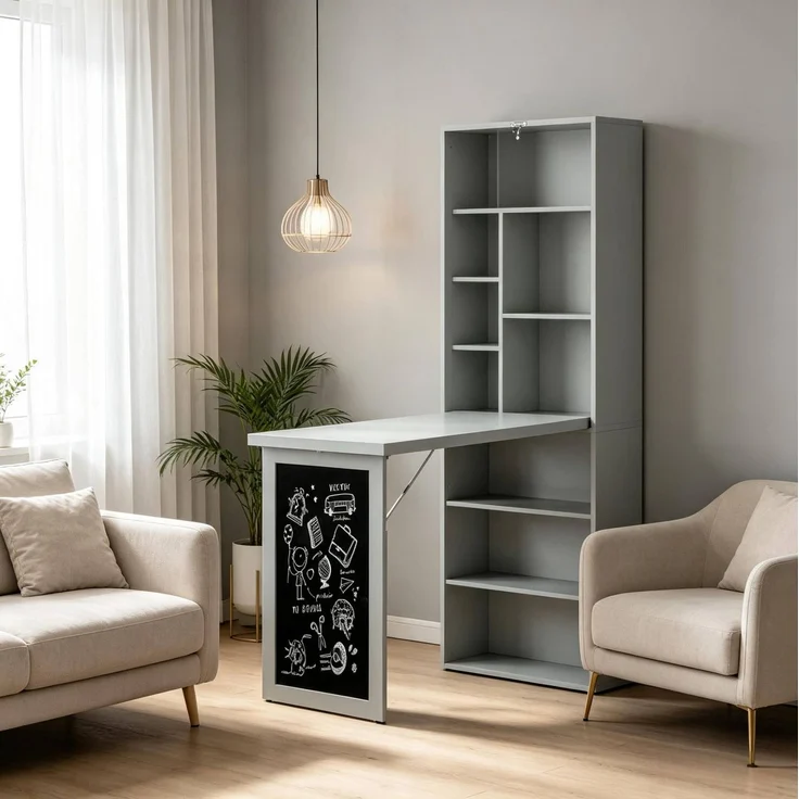 Klappschreibtisch aus MDF mit 9 Fächern und Tafel, 98x51x153 cm, Schwarz/Dunkelgrau – Bild 2