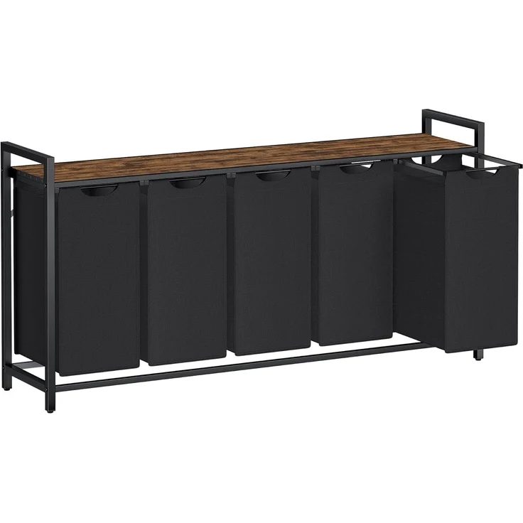 VASAGLE Wäschekorb 5 Fächer, Wäschesammler mit Ablage, Wäschebox, Wäschesack aus Oxford-Gewebe abnehmbar, Metallrahmen, tintenschwarz-vintagebraun, 143,5 x 33 x 72 cm, 5 x 40 L BLHDE501B01
