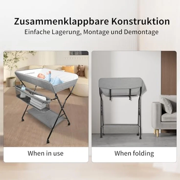 OHMG Baby Wickelkombi Klappbare Wickelkommode,Wickeltisch mit Rollen,Mobiler Wickeltisch mit Wickelauflage,Sicherheitsgurt und Ablagefächern,Wasserdicht und Höhenverstellbar,Stabil – Bild 4