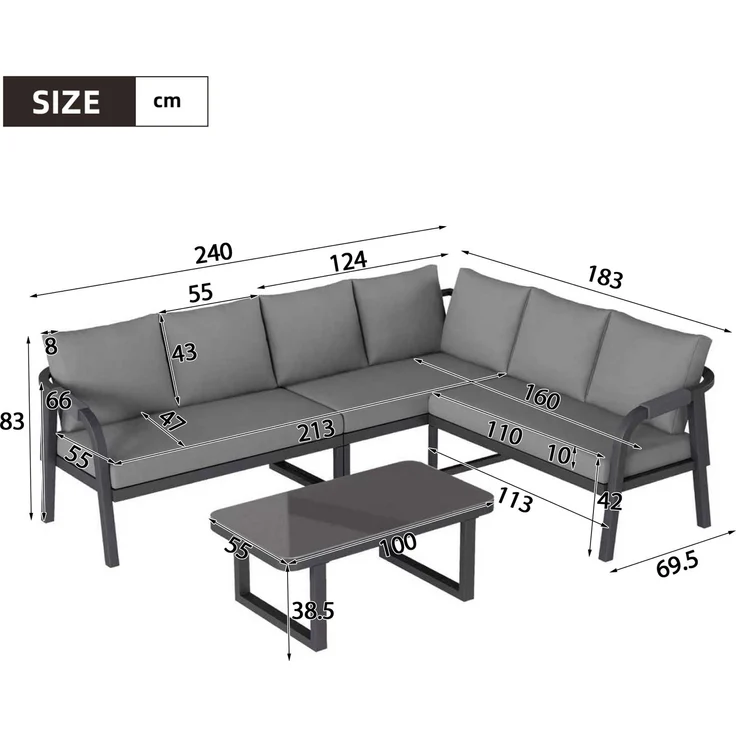 Merax Gartenmöbel-Set 6 Sitzer, Gartenlounge-Set Gartensofa mit Kissen und Tisch, Gartengarnitur Sofagarnitur Geflochten, Grau – Bild 4