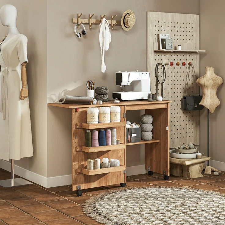 Wohnora-Klappbarer Nähtisch mit ausklappbarer Tischplatte, Aufbewahrungsboxen, offenem Regal und Rollen, braun,H 775cm x T 1170cm x B 400cm – Bild 3