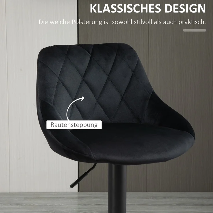 Barhocker 2er Set Höhenverstellbare Drehbar Barstühle mit Samtoptik Tresenhocker mit Rückenlehne mit Diamant-Tufting und Fußstütze für Bar, Theke, Esszimmer, Stahl Schwarz--Schwarz--104x46x48cm--YOUDENOVA – Bild 8