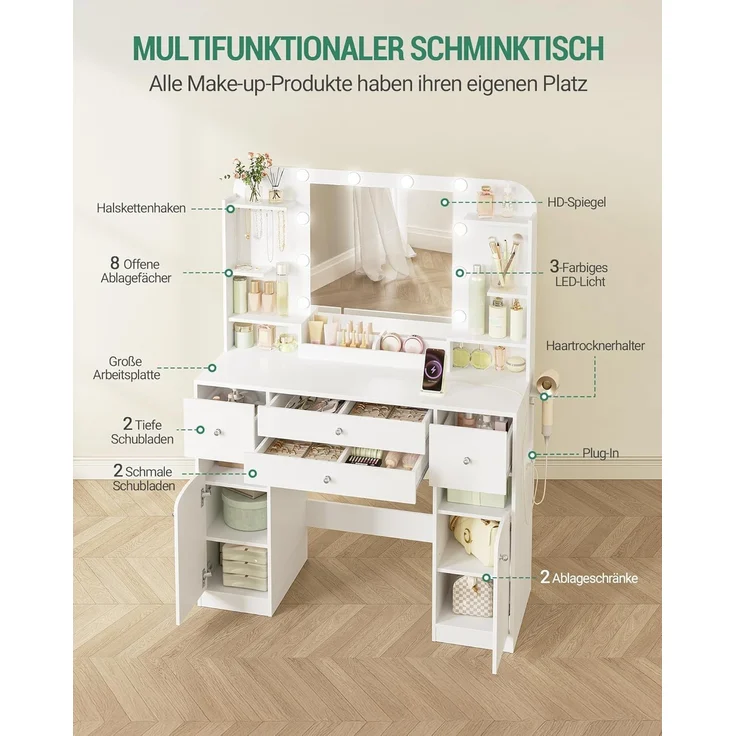 Schminktisch mit LED-Beleuchtung, mit Stecker und Föhnhalter, große Tischplatte 108 cm, Schminktisch mit 2 großen Schubladen mit Schmuckablage, 2 Schränke, Die Abmessungen sind 40 x 108 x 144 cm, Weiß – Bild 4