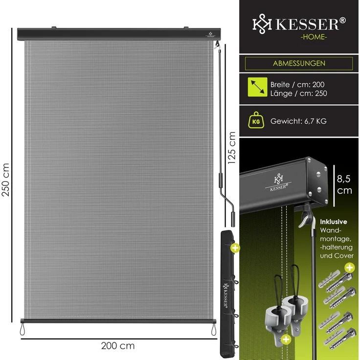 KESSER® Senkrechtmarkise Außenrollo Handkurbelmechanismus Balkonrollo Sonnen-und Sichtschutz, Beschattung Sonnenschutz Außen Rollo mit Kurbel Markisenkasten, Balkon und Terrasse 200x250 cm, Transparent / Anthrazit – Bild 7