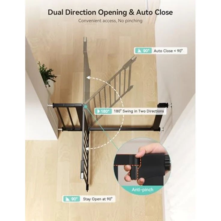 COMOMY 75-117cm Türschutzgitter Ohne Bohren, Treppenschutzgitter Auto Close mit Grün/Rotem Schild, Kindersicherung Tür, Türgitter für Hund/Katze, 90° Stop, mit Y-Spindel (76cm Hoch, Schwarz) – Bild 7