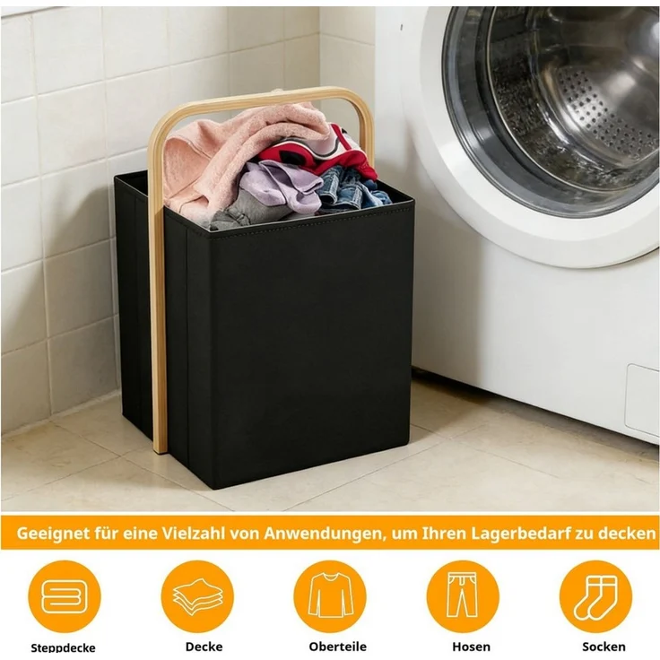 BlingBin Wäschekorb Einkaufskorb Faltbarer mit Henkel Wäschesammler aus Oxford und Bambus (1 Stück, 1 St, 40 × 30 × 35 cm,Fassungsvermögen: 42 Liter), für Schlafzimmer & Badezimmer, Wäschewanne Laundry Storage Baskets – Bild 3