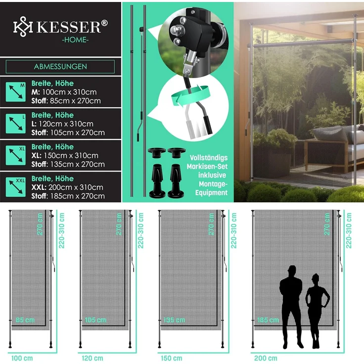 KESSER® Klemmmarkise 200x310 cm, wetterfest, Senkrechtmarkise mit Handkurbel ohne Bohren, Ausziehbar, wasserdicht & UV-beständig, Transparent/Anthrazit – Bild 2