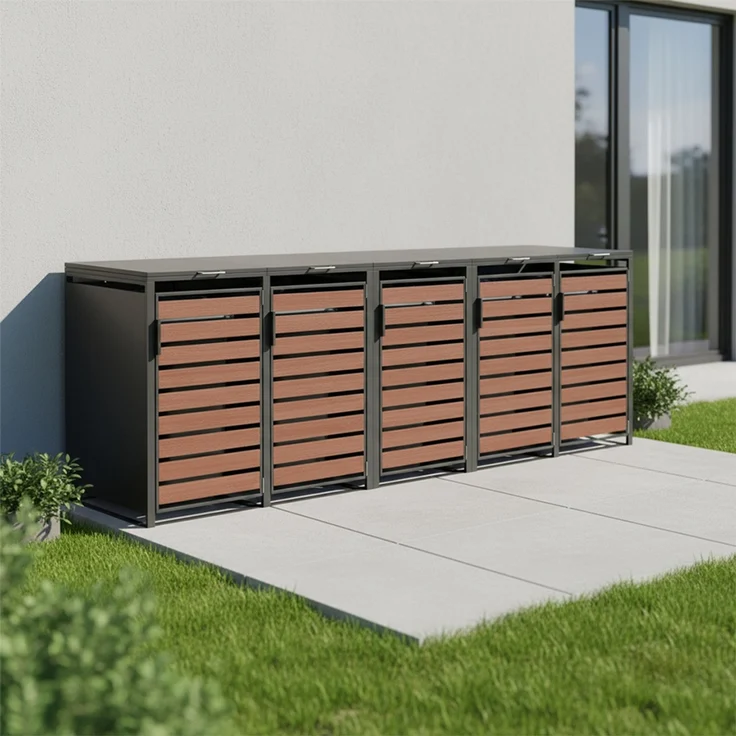STEELSØN 'Kestra' Mülltonnenbox 5er je 240 Liter, graphitschwarz mit Nußbaum-Holzoptik, Mülltonnenverkleidung aus Stahl, wetterfest, 116x80x337 cm, Müllbox für 5 Tonnen – Bild 8