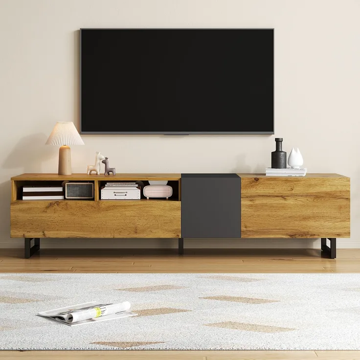 Merax 170cm TV-Schrank, einfaches Kontrastfarbdesign, drei Türen und zwei Fächer, U-förmige Metallbeine, Retro-Holzmaserung