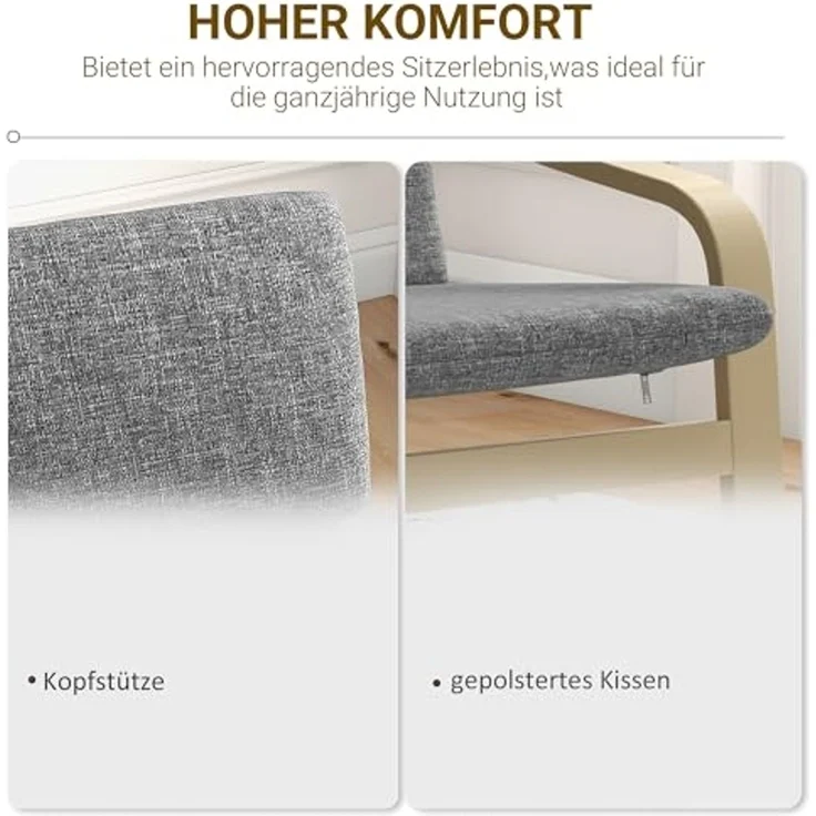 HOMCOM Relaxsessel, Ruhesessel, Relaxstuhl mit Leinenoptik, Schwingstuhl, Esszimmerstuhl mit Kopfkissen für Wohnzimmer, Birkenholz 66,5 x 80 x 99 cm, Dunkelgrau – Bild 6