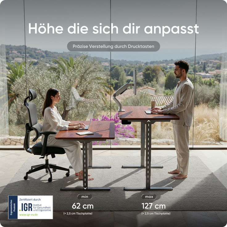 DESKSPACE PRO Plus Elektrisch höhenverstellbarer Schreibtisch, 180x80 cm Stehpult mit Memory-Funktion, Mahagoni Tischplatte, Graues Gestell – Bild 5