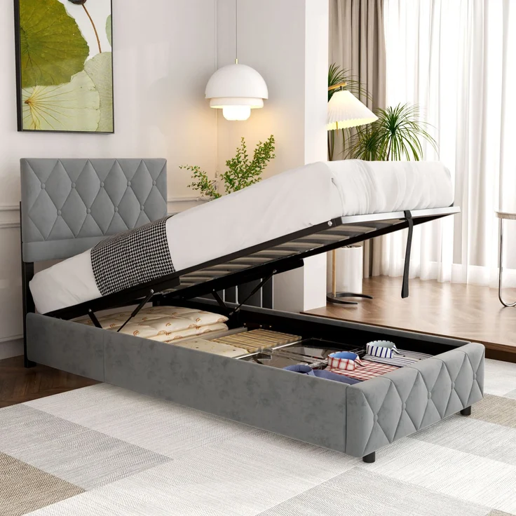 Polsterbett 90x200 cm mit Aufbewahrungsbox, Grau, Kunstleder, Lattenrost (ohne Matratze) – Bild 1