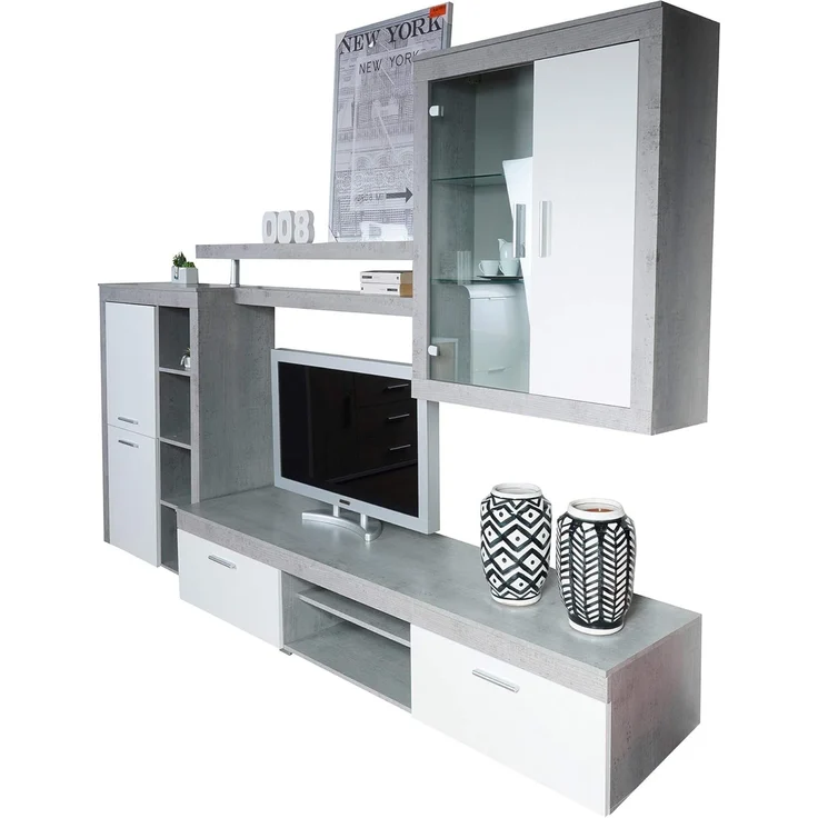 Dmora Wohnzimmerwandsystem, TV-Schrank, Regale und Vitrine, Komplettes modernes Wohnzimmer, Made in Italy, 293x50h144 cm, Weiß und Zementfarbe – Bild 3