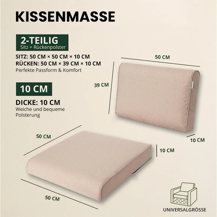 Hobbygarden Sitzkissen und Rückenlehne für Rattanmöbel – 2-teilig (Sitz + Rückenlehne), 50x50, 60x60, 70x70 cm – wasserabweisend, Anti-Rutsch, Indoor & Outdoor – Bild 3