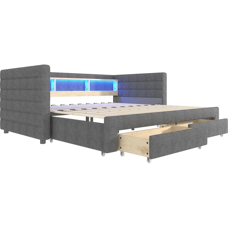 Tagesbett, Daybett, Schlafsofa, 90 × 190 cm, multifunktionales Ausziehbett-Design, USB- + Typ-C-Anschlüsse, mit zwei Schubladen, mehreren Staufächern, LED-Lichtleiste, Ohne Matratze, Samt, Grau – Bild 10