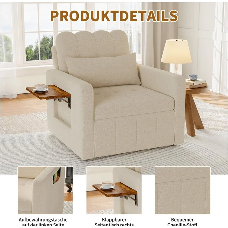 Simurq Relaxsessel Klappbarer Sessel, Chenille Schlafsessel, vielseitiger Einzelsessel, bequemer Fernsehsessel, mit Tischchen & Rollen für Wohnzimmer – Bild 2