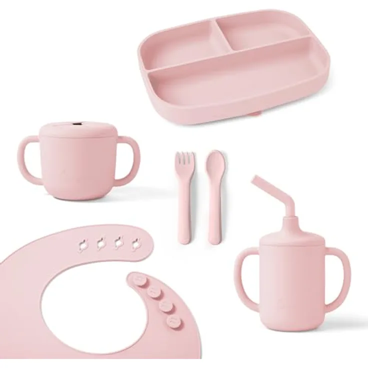 Ergobaby Kindergeschirr-Set Deluxe für Babys und Kleinkinder ab 6 Monaten, Baby Geschirrset mit 2 Bechern, Tablett, Lätzchen und Besteck, ohne BPA, PVC und Phthalaten, Blush Pink
