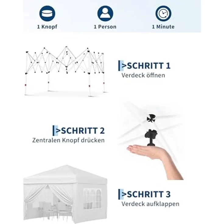 Faltpavillon 3x3 m wasserdicht stabil mit 4 Seitenwänden – Pop up Pavillon faltbar aus 420D Oxford, UV-Schutz 50+, 3-Fach höhenverstellbar, Partyzelt mit Tragetasche für Garten & Outdoor (Weiß) – Bild 2