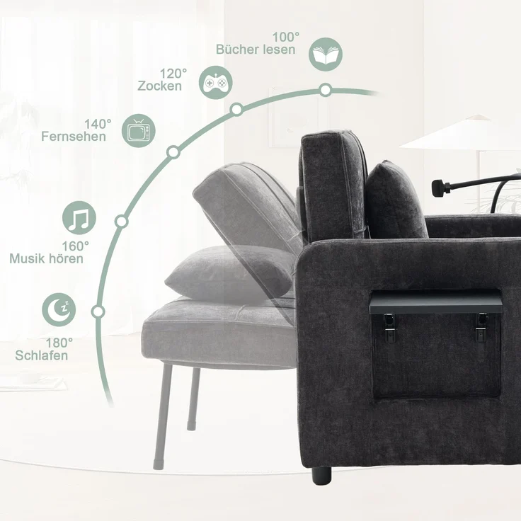 LVHOM Multifunktionaler Schlafsessel mit klappbarer Ablage, Ausziehbares 1-Sitzer Schlafsofa mit Handyhalter und Seitentaschen, Loungesessel, Dunkelgrau – Bild 5