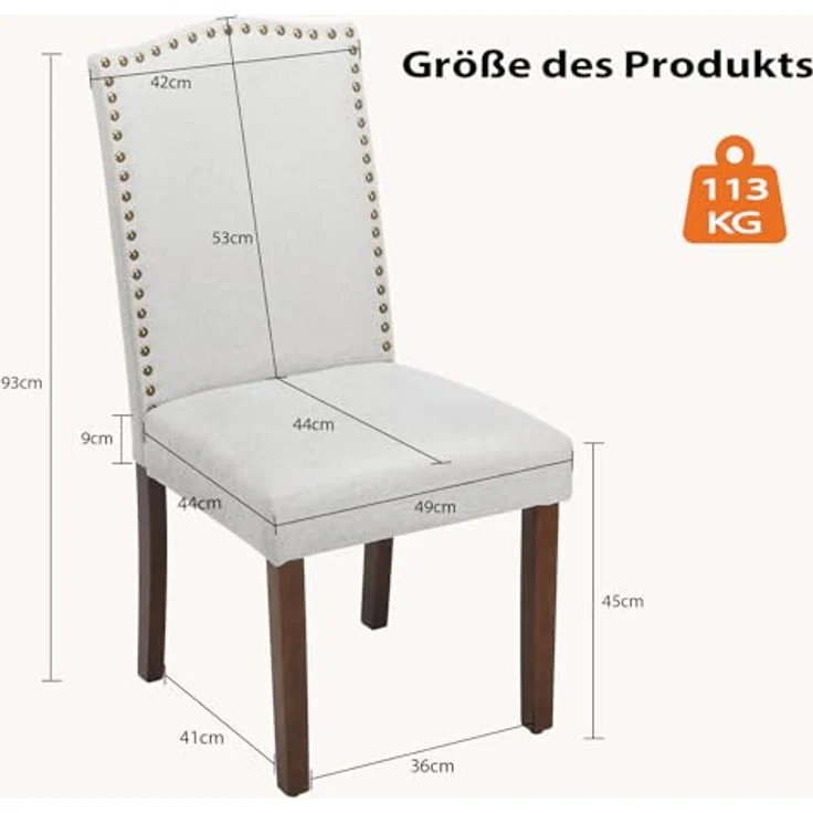 Sweetcripy Esszimmerstühle 2er-Set, hochwertiger gepolsterter Esszimmerstuhl aus Leder mit Nagelkopfbesatz und Holzbeinen, Esszimmerstuhl für Schlafzimmer, Wohnzimmer, Esszimmer, Grau – Bild 4