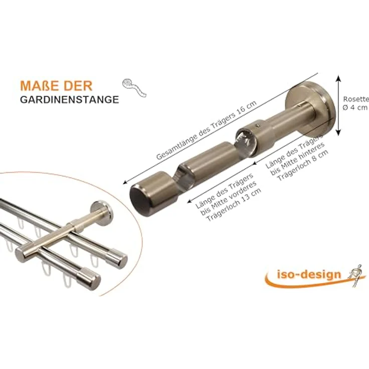 iso-design Gardinenstange Innenlauf 2-läufig 16 mm Farbe Edelstahl Wandmontage, Ø 16 mm, 2-läufig, Fixmaß, mit Bohren, Aluminium – Bild 7