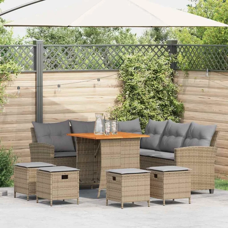 vidaXL 6-tlg. Garten-Sofagarnitur mit Kissen L-Form Beige Poly Rattan 3213543 – Bild 1