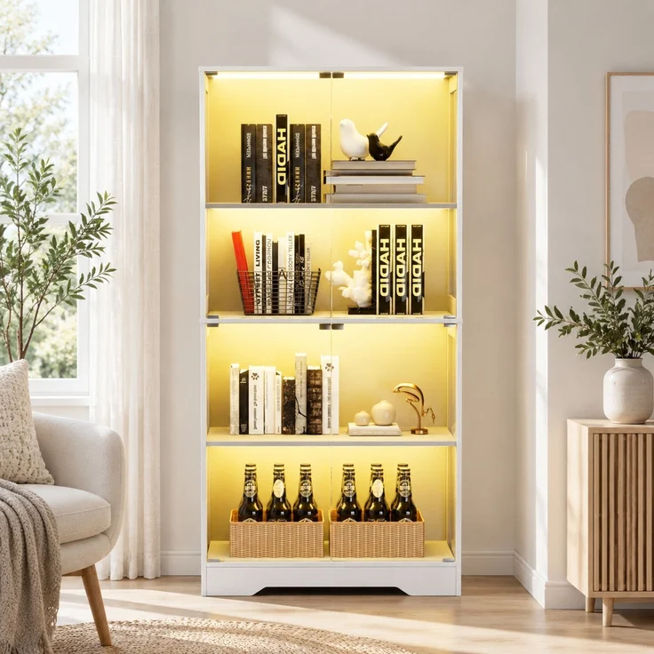 Glasvitrine 80 x 35 x 165 cm aus MDF und Glas mit LED-Beleuchtung, Weiß – Bild 2
