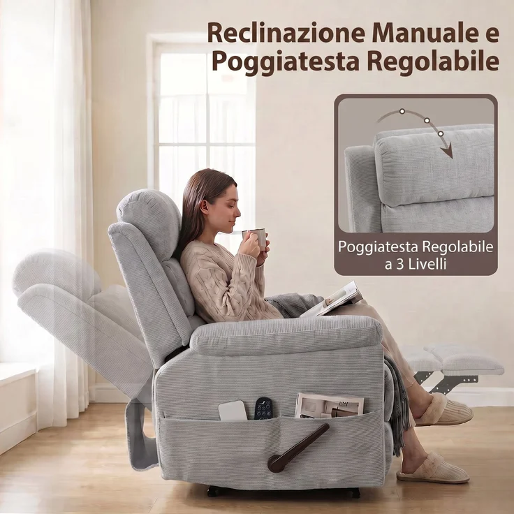 Manuell verstellbarer Massagesessel mit 135°-Neigung, Heizfunktion, verstellbarer Kopfstütze, Chenille, Hellgrau – Bild 7