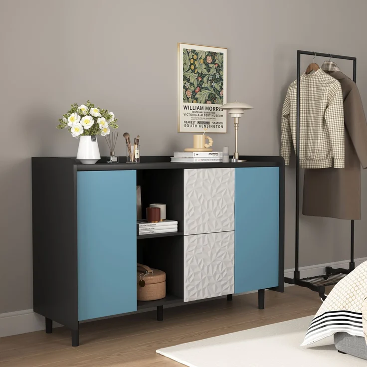 Schwarzes Sideboard-Buffetschrank mit blauen Türen – 2 Schubladen und offener Stauraum für Küche und Wohnzimmer – Bild 7