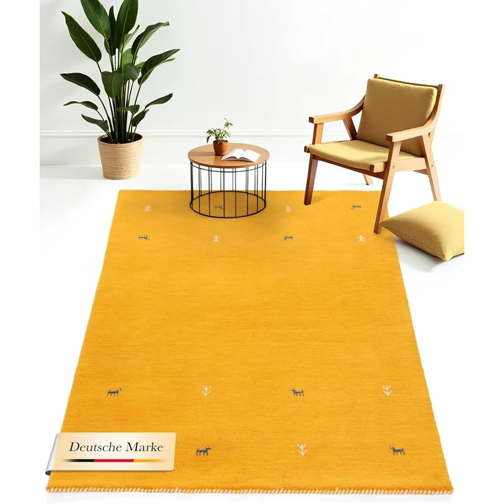 carpetfine 'Gabbeh Uni' Wollteppich, reine Wolle, Gelb, 80x150 cm – Bild 1