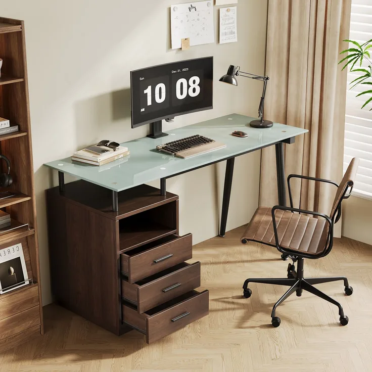 Abrihome Schreibtisch mit Glasplatte und 3 Schubladen, Braun, 75x50x130 cm