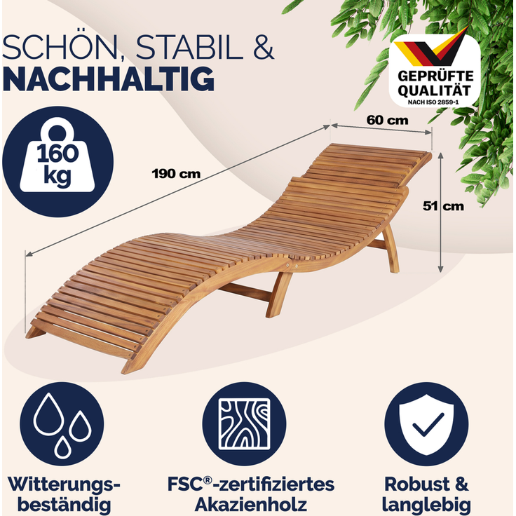 Casaria 'ERGO' Sonnenliege, 2 Stück, Akazienholz, faltbar mit Tragegriff & Kofferfunktion, braun, 17 x 90 x 60 cm – Bild 5
