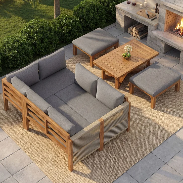 Merax Gartenmöbel-Set 6-tlg, Gartensofa mit Hocker und Tisch, Gartenloungeset Balkonmöbelset 8 Sitzer aus Akazie, Terassenmöbelset mit Kissen, Grau – Bild 3