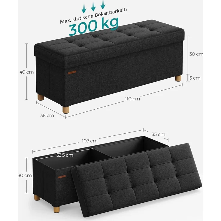 Songmics Sitzbank mit Stauraum, Schuhbank, klappbare Sitztruhe, Aufbewahrungsbox, Fußbank, 38 x 110 x 40 cm, für Wohnzimmer, Schlafzimmer, tintenschwarz LSF018B11 – Bild 2
