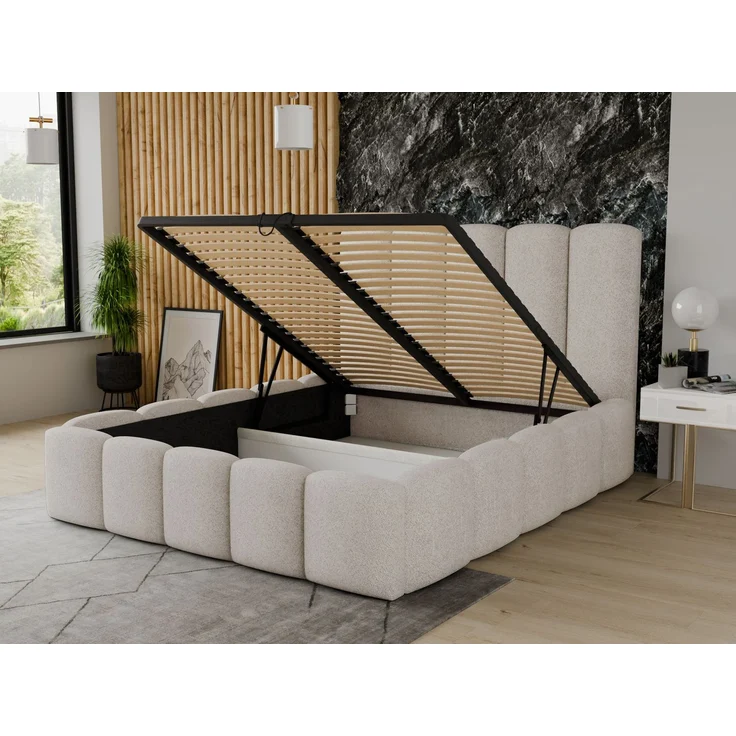 Polsterbett Aura - Bettkasten mit Gasdruckfedern - Doppelbett mit Lattenrost, Bett mit Polsterkopfteil, Bettgestell, Schlafzimmer, Bouclé-Stoff (180 x 200 cm, Weiß (Coral 70)) – Bild 3