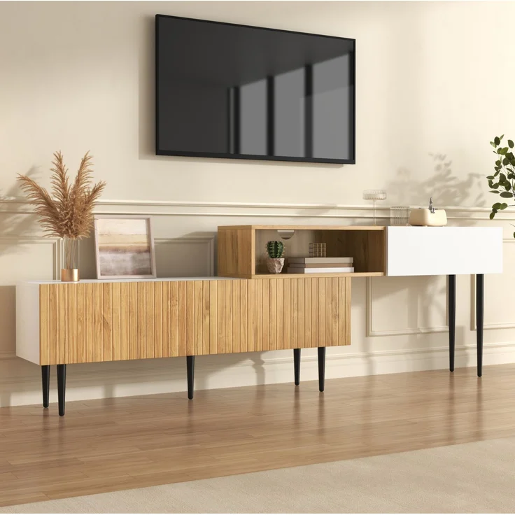 DESVIAE TV-Schrank modular mit Kabeldurchführungen 120+120x63,5x30 cm aus MDF und Spanplatte Weiß/Holzoptik – Bild 2