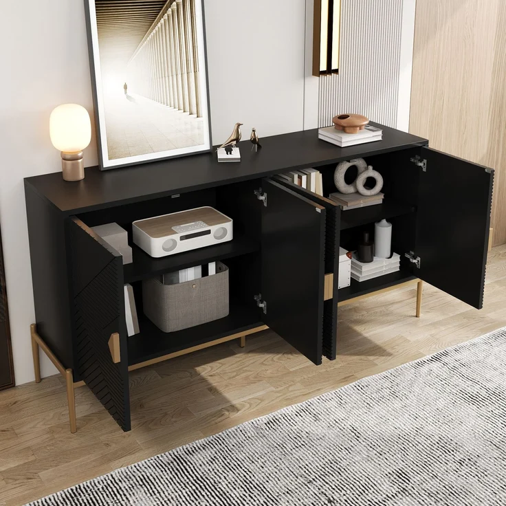 DESVIAE Sideboard mit 4 Türen und geometrischem Muster 162x80x40 cm MDF/Spanplatte Schwarz – Bild 5