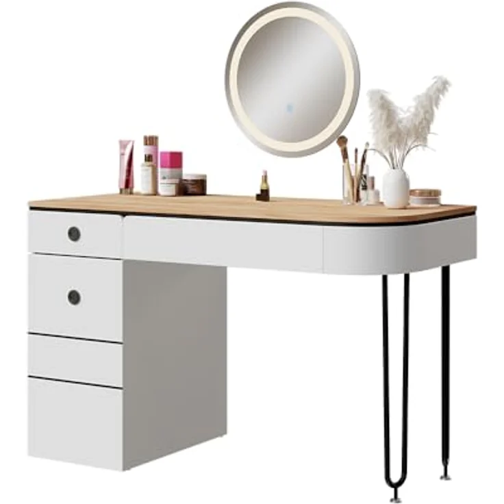 Vichy Schminktisch Mia, Weiss/Naturholz, 120 cm mit LED-Beleuchtung und grosszügigem Spiegel (55 x 55 x 77 cm) – Bild 6