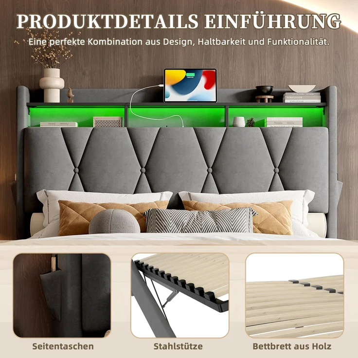 Polsterbett, Samt mit LED & Stauraum-Kopfteil, 221 x 170 x 116,5 cm, Dunkelgrau, ohne Matratze – Bild 9