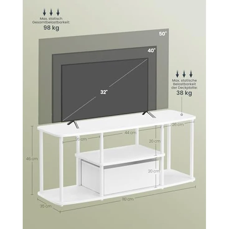 SONGMICS HOME Superschnelle werkzeuglose Montage, TV-Schrank für Fernseher bis zu 50 Zoll, Fernsehtisch, Lowboard, Wohnzimmer, 110 x 35 x 46 cm, Regal, schneeweiß-mattweiß LTV500W01 – Bild 8