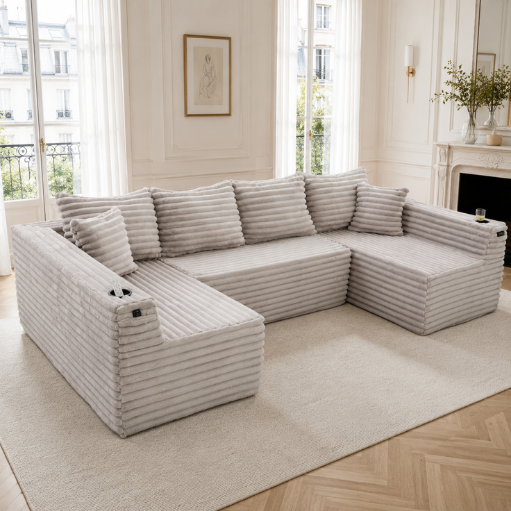 U-förmige Cord-Wohnlandschaft 320 cm mit Getränkehaltern, Seitentaschen und 6 Kissen, modulares Sofa mit Schaumstoff-Feder-Polsterung, Hellgrau – Bild 2