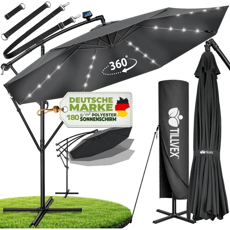 tillvex Alu Ampelschirm Anthrazit LED Solar Ø 300 cm mit Kurbel | Sonnenschirm mit An-/Ausschalter | Gartenschirm UV-Schutz Aluminium | Kurbelschirm mit Ständer Marktschirm wasserdicht – Bild 1