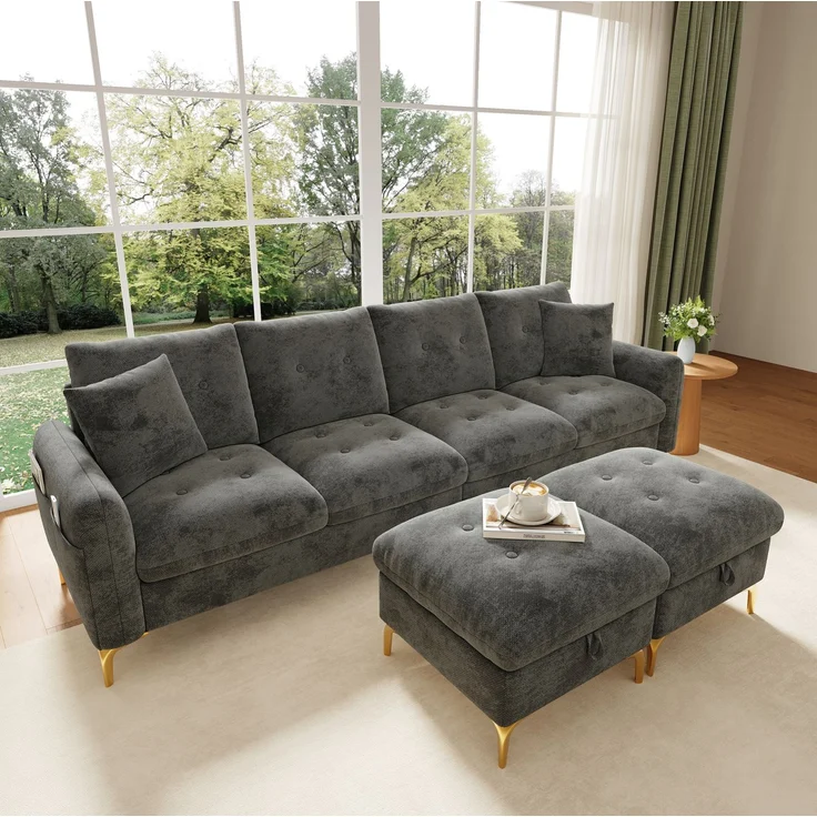 Wohnlandschaft 263x137x85 cm in Grau mit Stauraumhockern und flexibel kombinierbaren Modulen – Bild 3